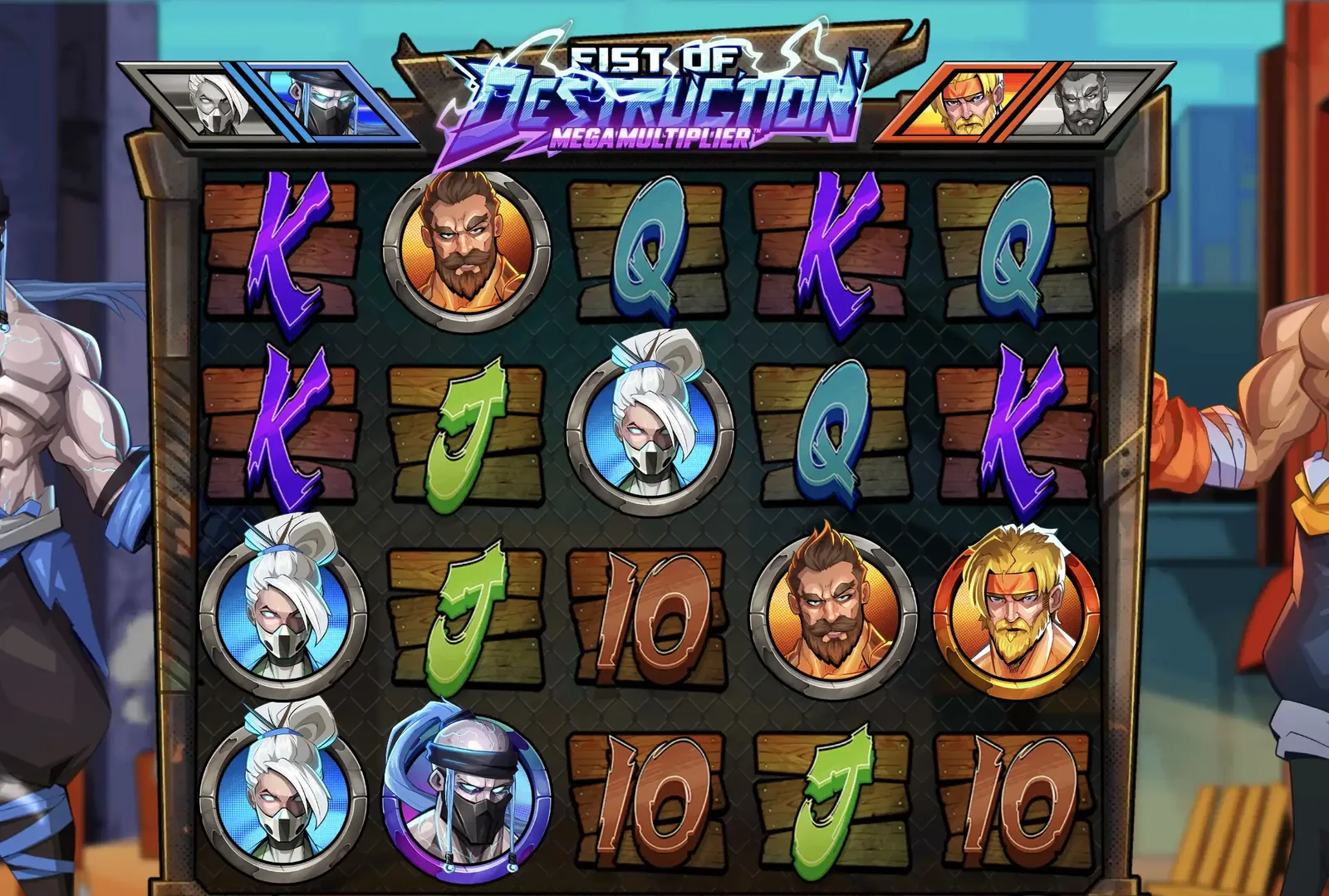 Fist of Destruction Megamultiplier base game: 5x4 reels with fighter symbols, blue fighter on the left, red fighter on the right