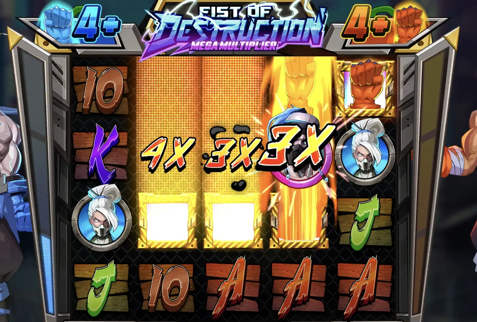 Megamultiplier free spins: two fists rise into wild reels with 4x, 3x and 3x multipliers, both teams at victory level 4+