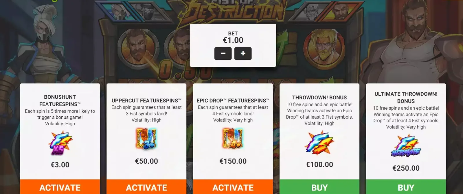 Bonus buy menu of the original game at a 1 euro bet